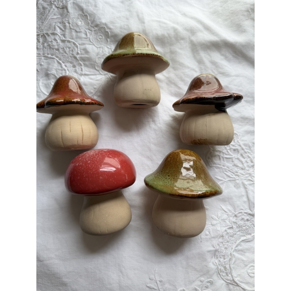 Greenbriar International Mushroom Figurine Set Multicolor Drip Glaze 4in 5pc